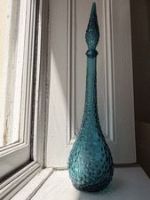 Vintage Italian Empoli Blue Hobnail Genie Bottle Decanter 56cm Tall. MCM Glass