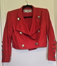 Yves Saint Laurent Red Cropped Vintage Padded Shoulder Jacket Sz S W/ Metal...