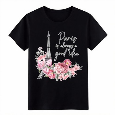French Eiffel Tower Floral Graphic T-Shirt, Romantic Paris Casual Cotton Tee