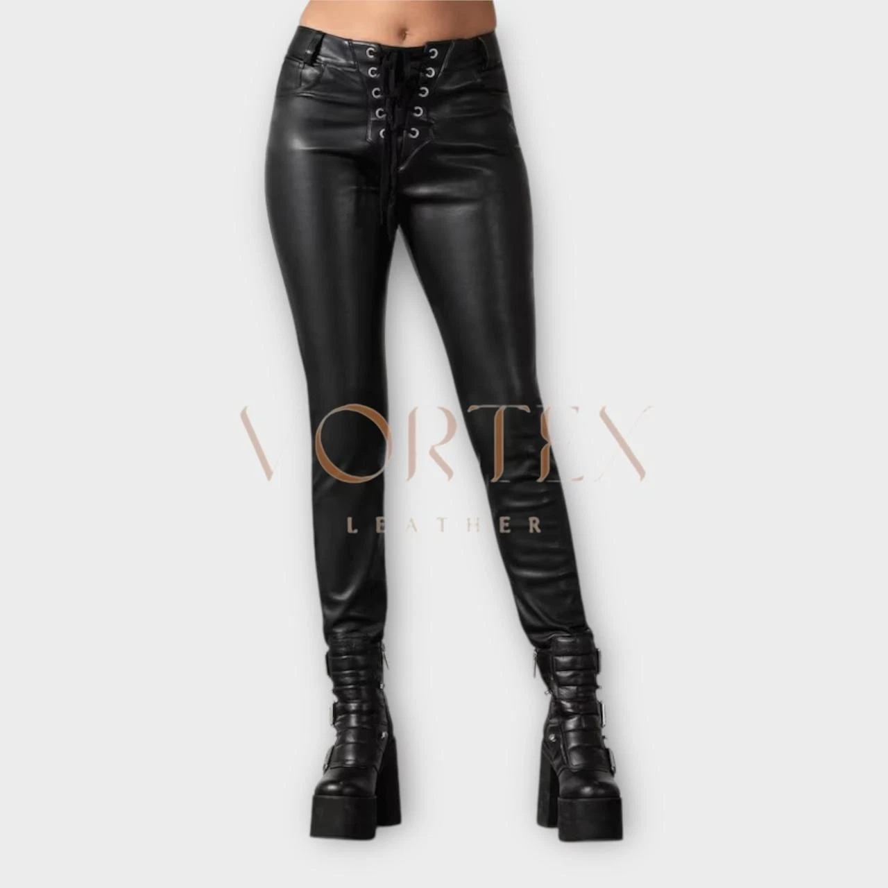 Women’s Black Lace-Up Leather Pants Genuine Lambskin Slim Fit Biker Trousers