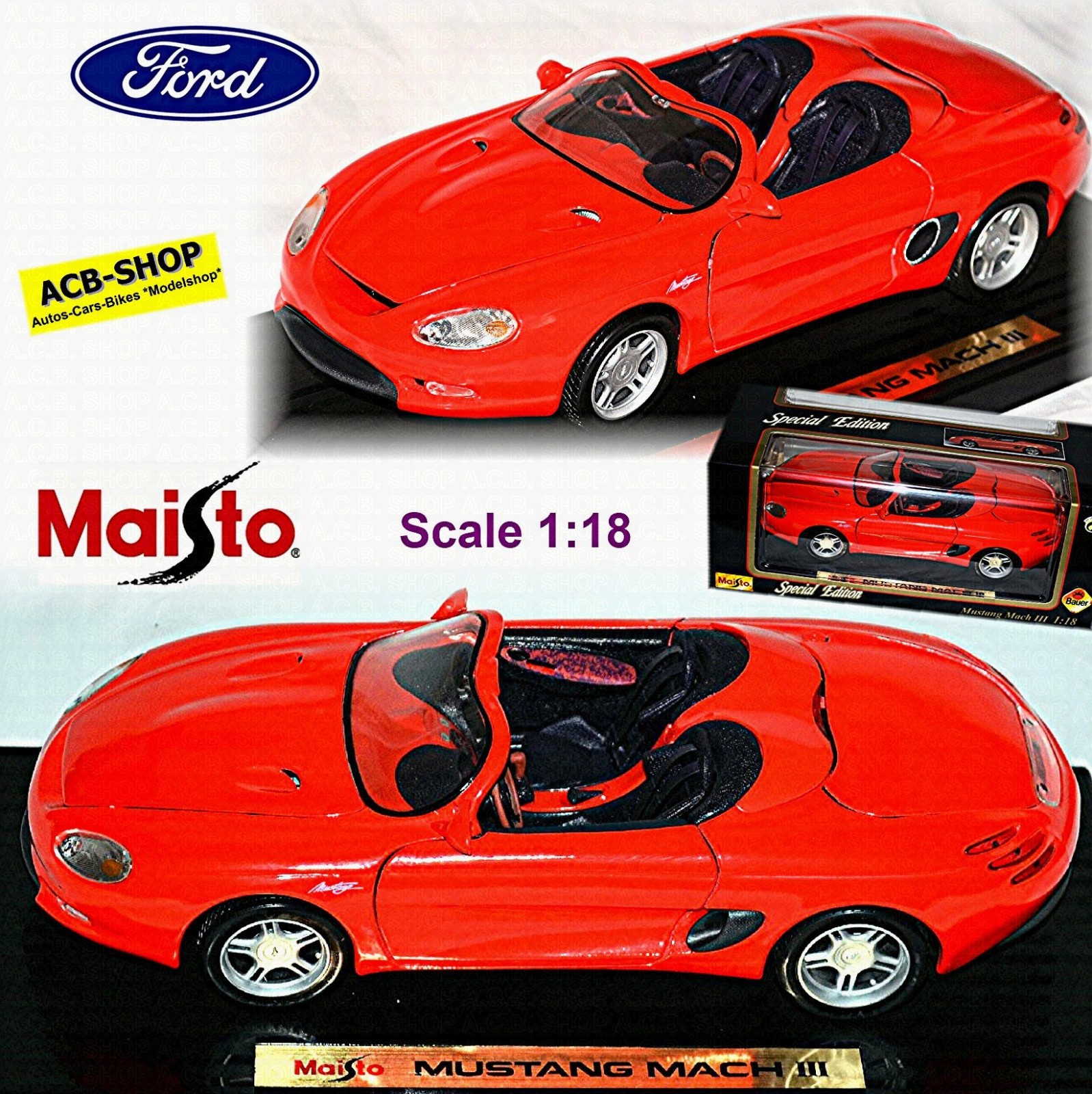 Ford Mustang Mach III Concept Detroit Motor Show 1993 Red 1:18 Maisto 50232