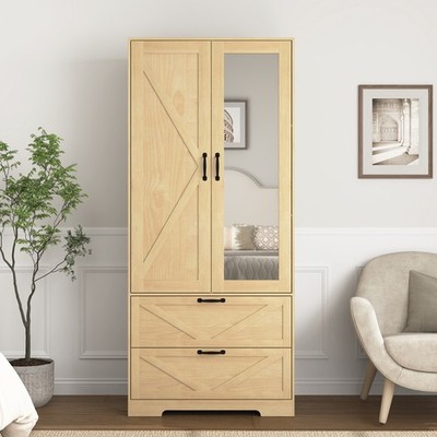 2 Doors Wood Wardrobe with Mirror, Freestanding Armoire Closet w/Light,2 Drawers