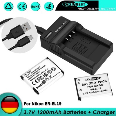 2× EN-EL19 Akku +Ladegerät Für Nikon Coolpix S3700 S2900 S3600 S6900 S7000 S3500