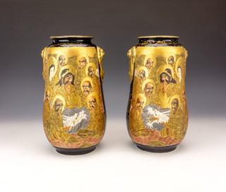 Antique Pair Of Japanese Satsuma Pottery Vases Thousand Faces Meiji Period