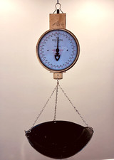 Vintage Brass Hanging 60 Pound Scale, Scoop Basket & Chains Country Store Decor