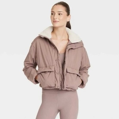 ALL IN MOTION Cropped Fleece Lined Jacket Purple/Brown Size Large Zip Front