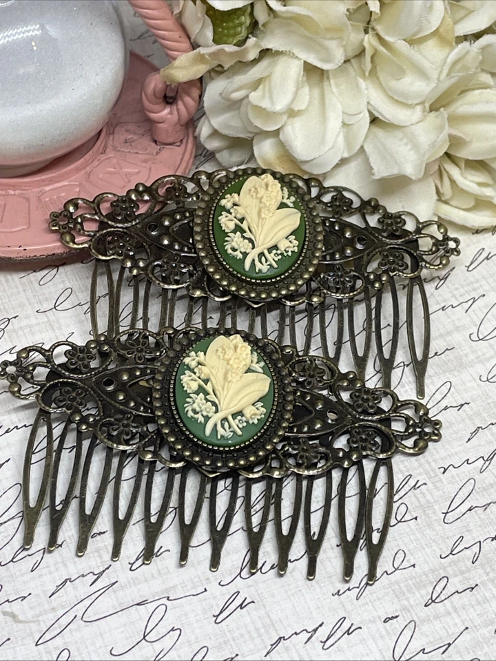 Pair Bronze Barrette Jewelry Hair Combs Cameo Lily Of Valley Green Wedding Gift - Image 3 of 4