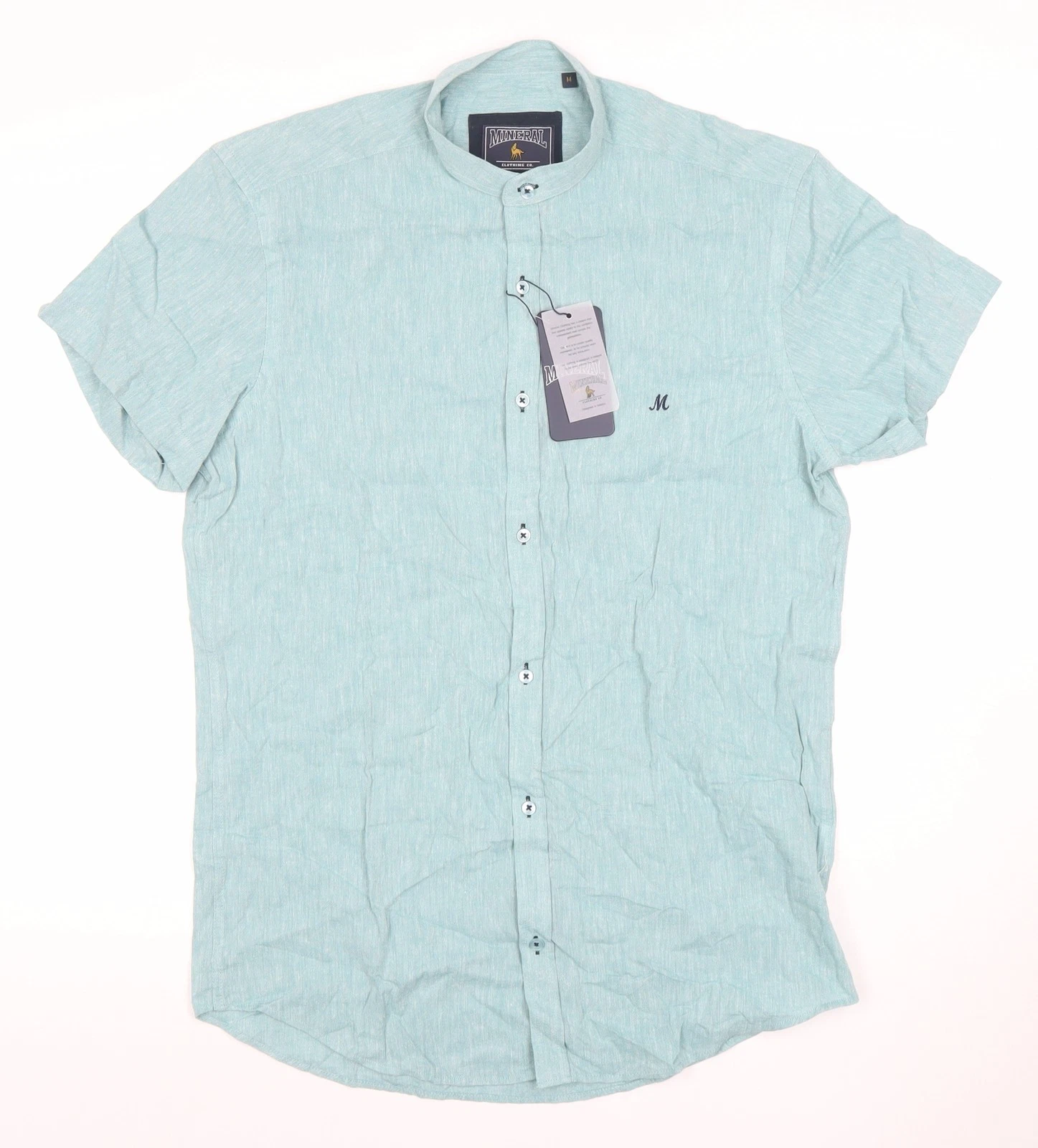 Mineral Men's Blue Short Sleeve Band Collar Cotton Linen Casual Shirt M