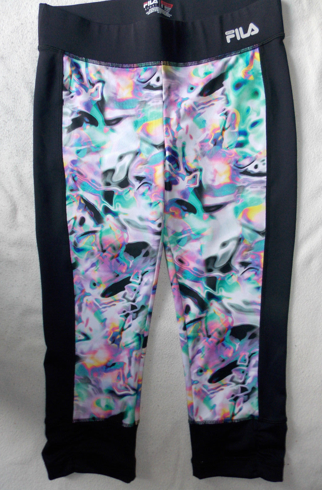 Leggings donna FILA SPORT colore nero e acqua orlo increspato attivi Capri yoga piccoli