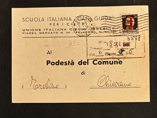 1944 Karte. Schule blinde Hunde mit Stempel 30 c. var. sovr. acetta verformter strahl