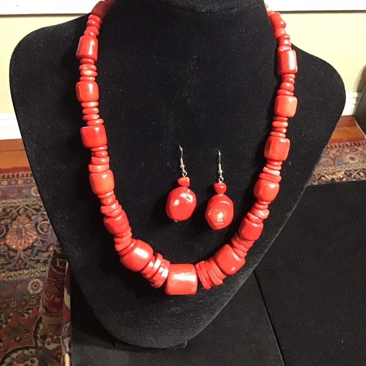 Oxblood red Coral Necklace And Earring Set W sterling Silver eBay