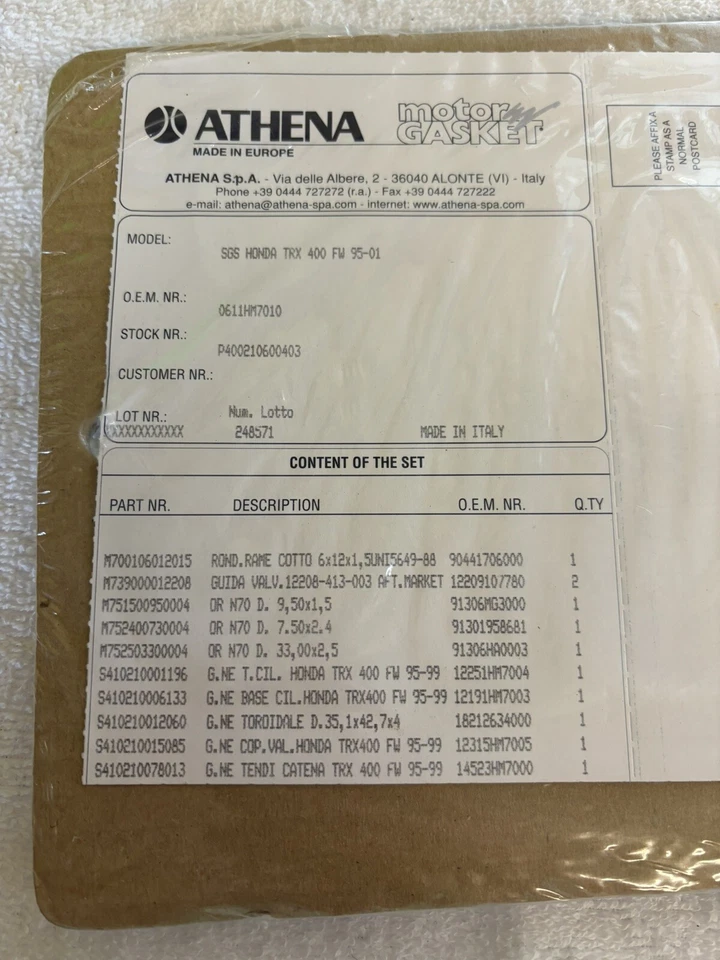 Комплект прокладок верхнего конца Athena P400210600403 для Honda TRX400FW Foreman 4x4 1995-2003 - Изображение 4 из 4
