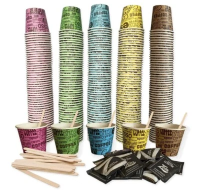 GENERICO 4 KIT ACCESSORI BIO PER CAFFE' 600 BICCHIERI 600 BUSTINE DI ZUCCHERO 600 PALETTE