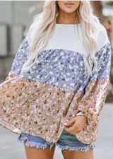 Floral Splicing Puff Long Sleeve Tunic Baby Doll Top Size Small