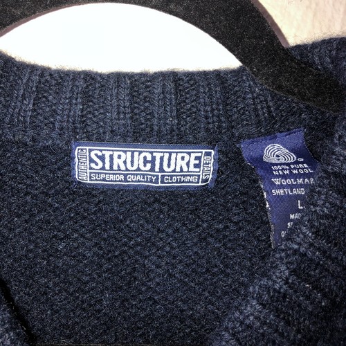 Vintage Y2K STRUCTURE Mens Shetland Wool Navy V-Neck Pullover Sweater Sz Large - Picture 9 of 11