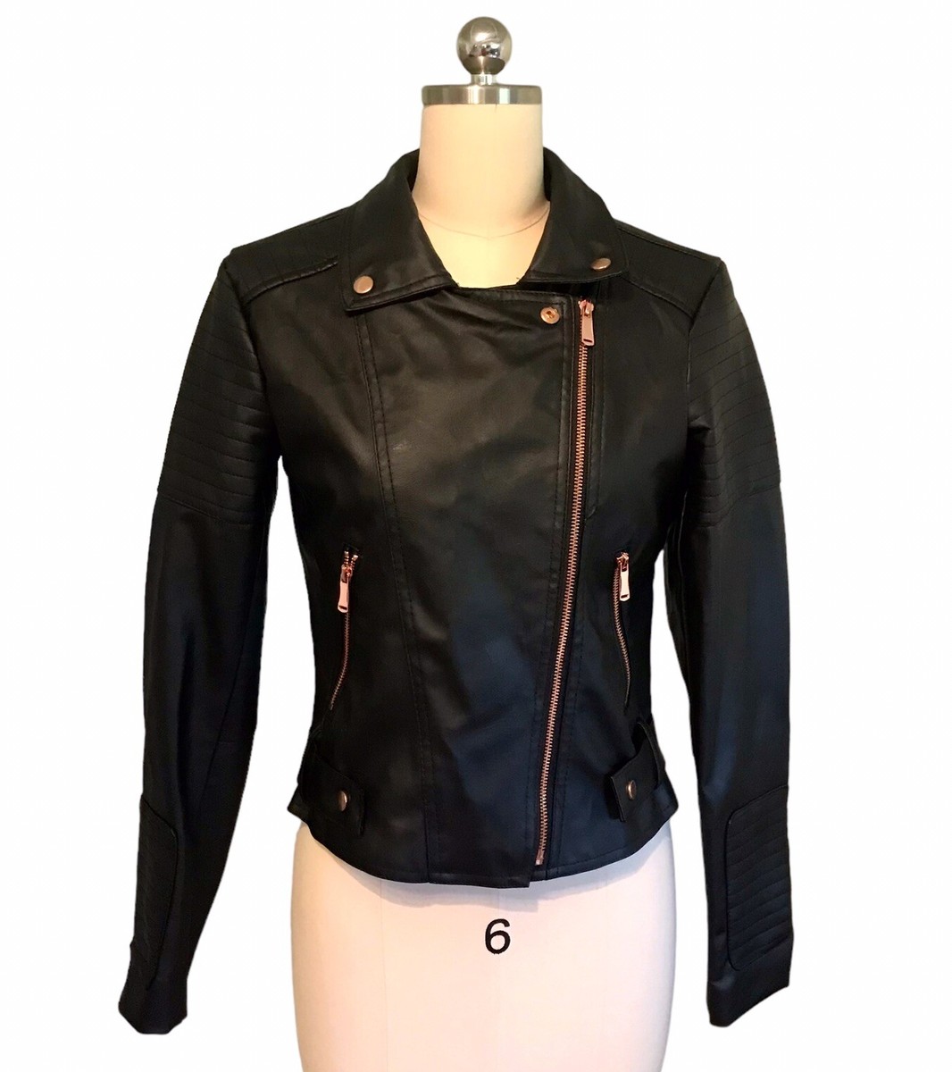Miss London Faux Leather Black Moto Jacket Rose Gold
