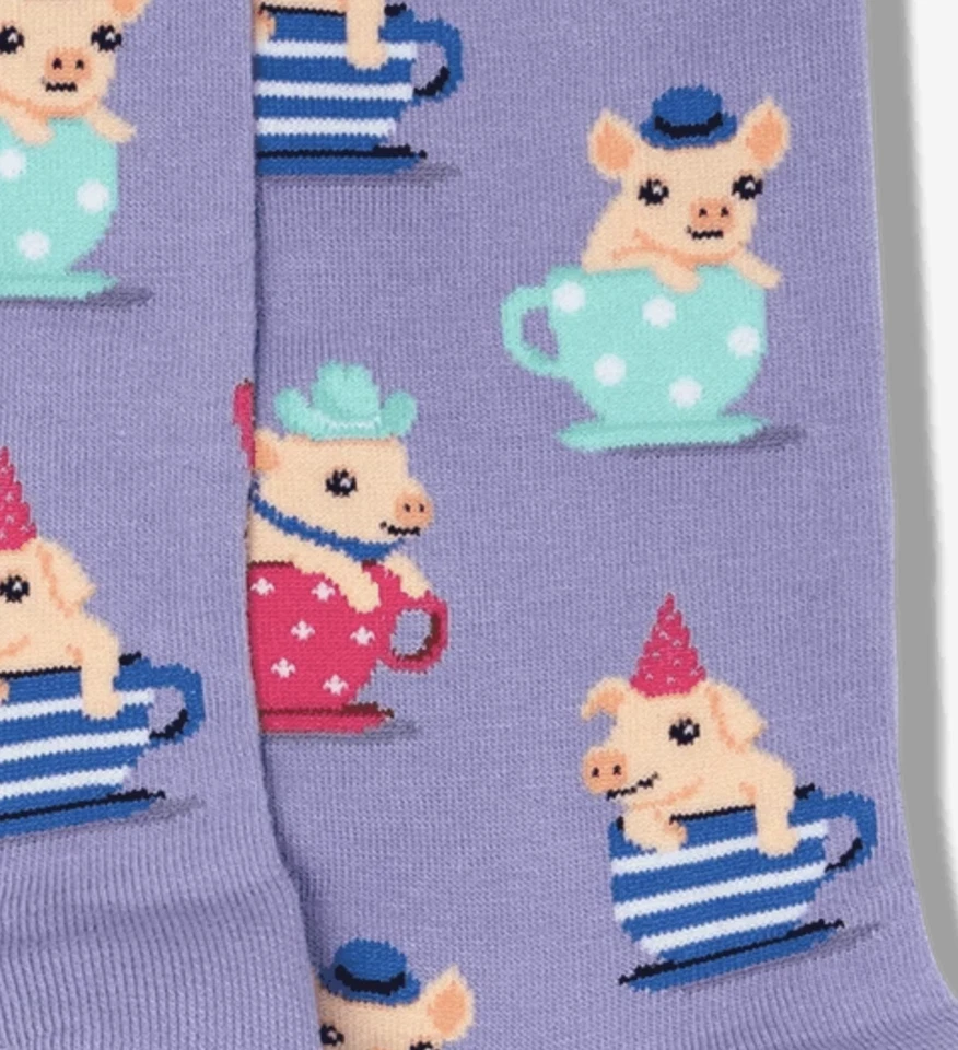 Calcetines de Tripulación de Cerdo de Taza de Té Hot Sox Talla 4-10.5 Cerdo en taza de té Calcetín Lavanda Raro Foto 2 de 3