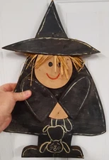 Hand Made Primitive Folk Art Wooden Halloween Witch & Black Cat Figure Decor