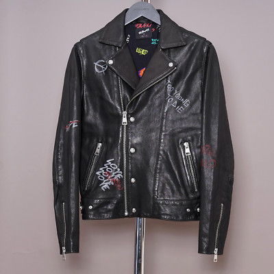 The Kooples Leather Jacket Mens Small Black Biker Orlinski Graffiti Tag Punk Art