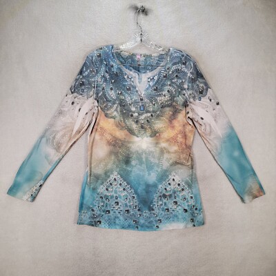 Kiara Womens Top Size L Blue Studded Rhinestone Dreamy Y2K Colorful Boho Blouse