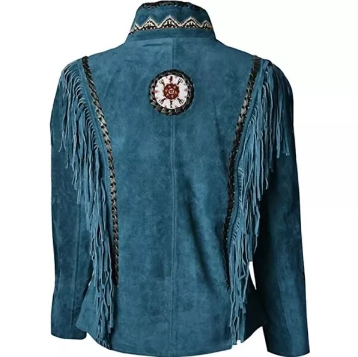 Chaqueta de gamuza de cuero con flecos occidentales para mujer Chaqueta de vaquera con borlas nativas americanas Foto 2 de 3