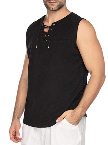 Camiseta sin mangas suelta para hombre de algodón y lino sin mangas con cordones para uso diario vacaciones - Imagen 16 de 26