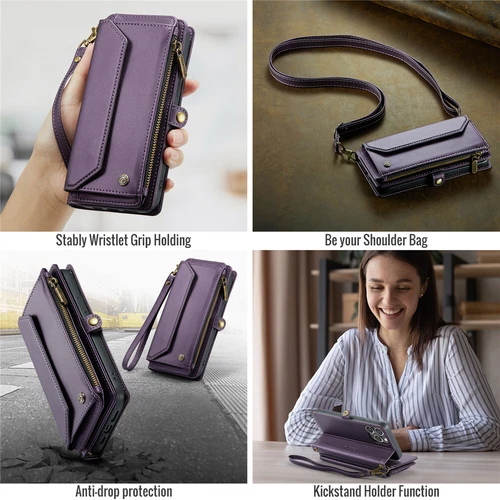 For iPhone 16 15 14 13 12 Pro Max Plus Case Wallet Leather ZIP Bag Strap Cover - Picture 9 of 84