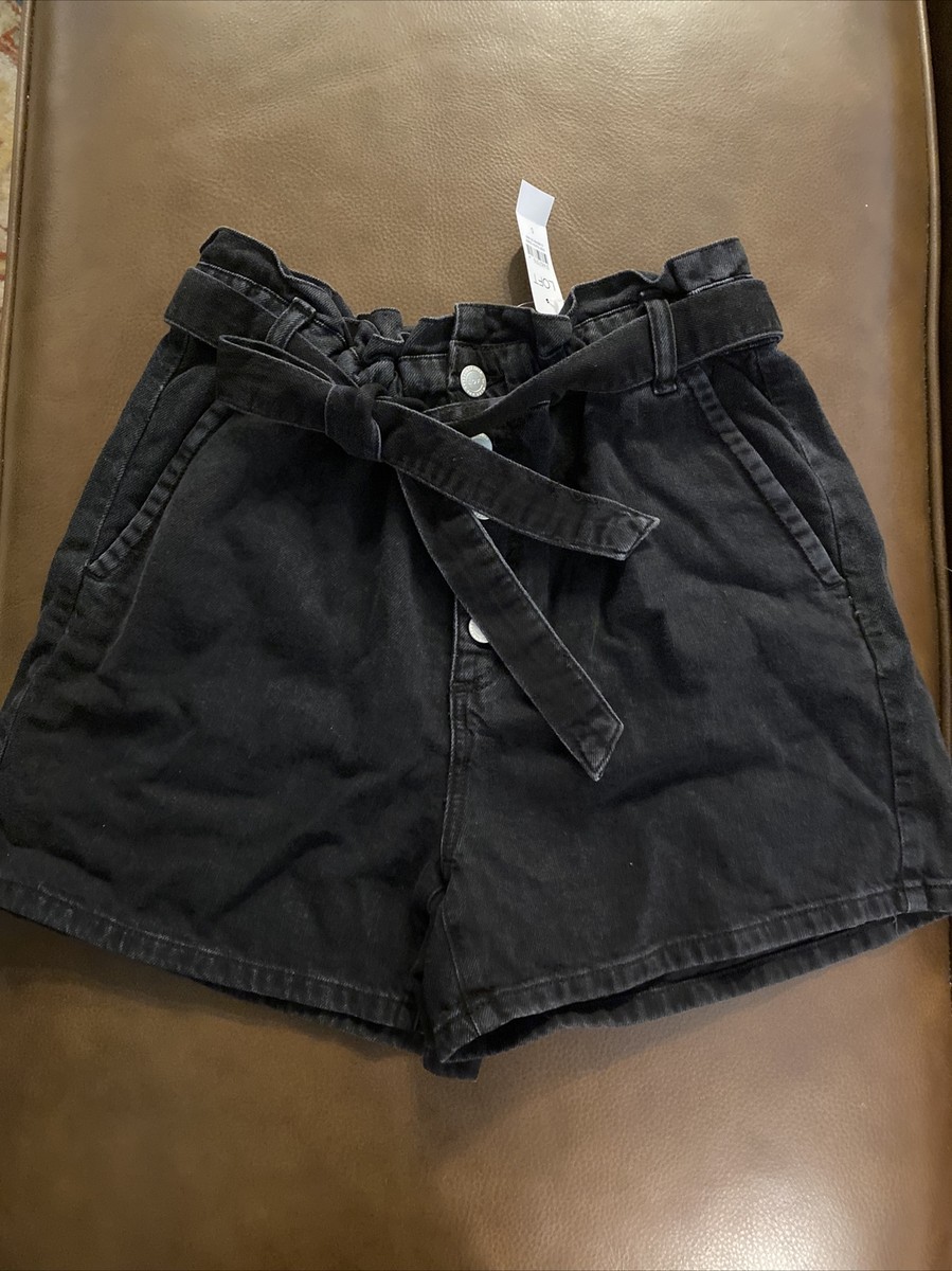 Loft Black Denim Button Fly Paper Bag Tie Denim Shorts Size Small