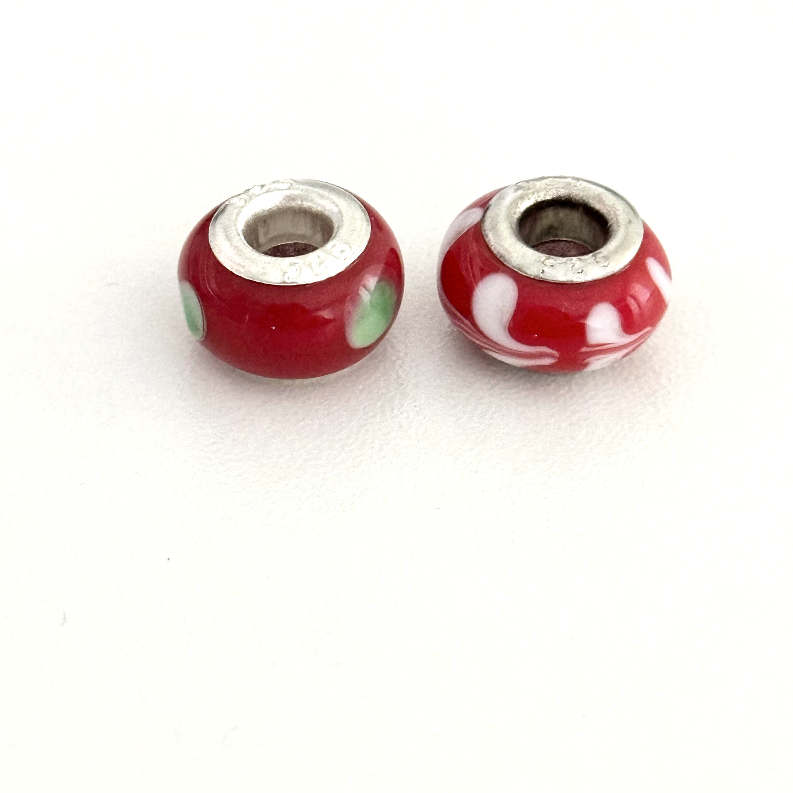 925 Sterling Silver Cherry Red White Swirl Murano Glass European Charm Set Of 2 Handcrafted Italian Jewelry