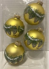 4 Glass Pine Cone Christmas Ornaments Holiday Time Gold Frosted Glitter Made USA