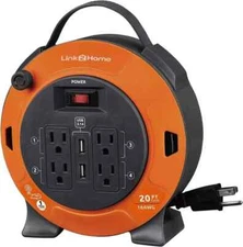 Heavy Duty Cord Storage Reel 20 Ft. Extension Cord 4 Power Outlets, 2 USB Ports