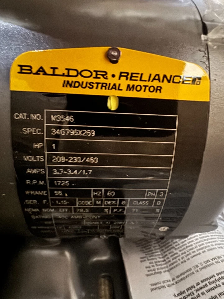 BALDOR MOTOR N4 1 HP M3546 1725 RPM 208-230/460 V  3.7-3.4/1.7 AMP 3 PH FR 56 - Image 4 of 4