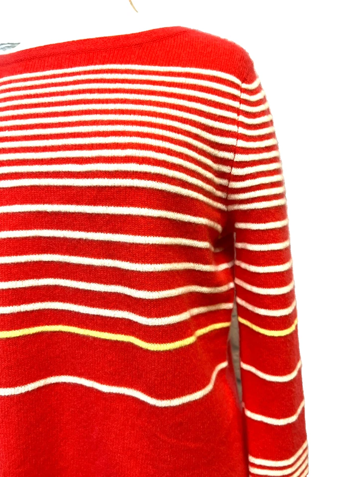 Suéter Pullover Cachemir Blanco & Warren Naranja Marfil Rayas Cuello Barco Talla L Foto 4 de 4
