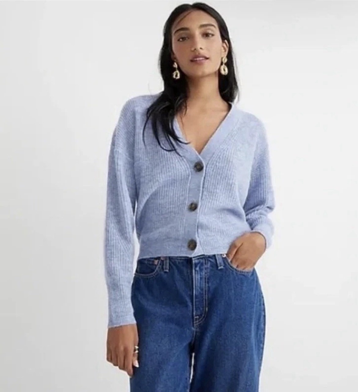 J. Crew Alpaca Wool Blend V Neck Button Up Ribbed Soft Cardigan Sweater S Blue