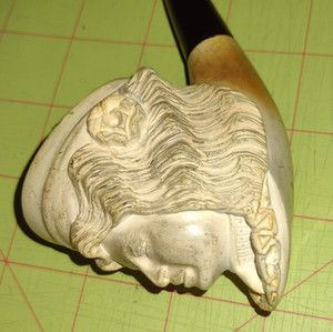 Antique Ladys Head Carved Meerschaum Bust  Tobacco Pipe Hat ANd Flowing Hair...