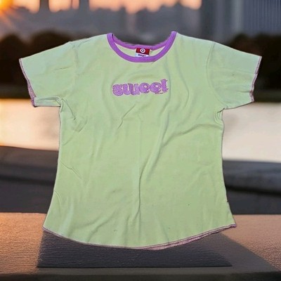 Target Y2K Babydoll Tee Womans Size Medium Yellow Pink Glitter Sweet Made In USA