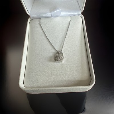 14k Solid White Gold Lock Pendant with Genuine Diamond Cluster Pave Necklace