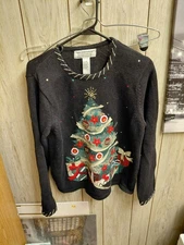 Tiara International Sweater Black Sequins Beaded Tree Christmas  Medium