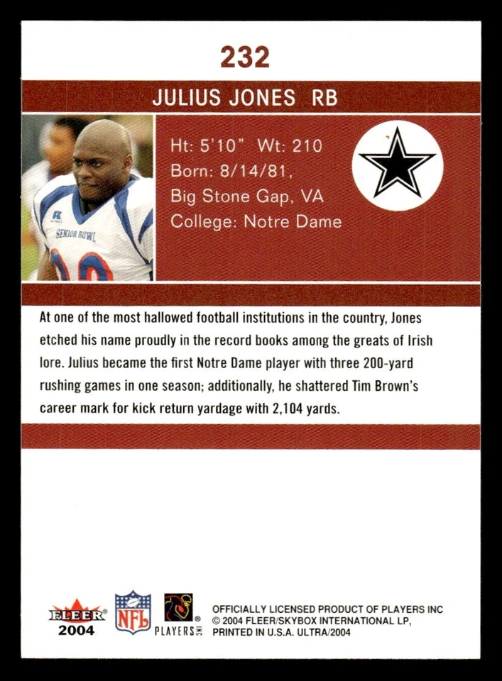 Julius Jones 2004 Ultra #232 - Image 2 of 2