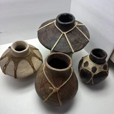 Vintage TARAHUMARA Mexican Native Pottery Olla Indigenous Water Jug Sinew Lot/4