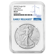 2025 (P) $1 American Silver Eagle First Eagle Privy NGC MS69 ER Blue Label