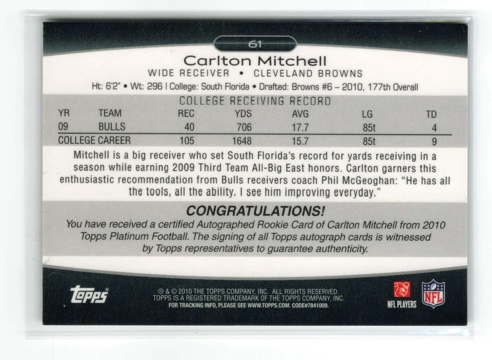 2010 TOPPS PLATINUM CARLTON MITCHELL #61 REFRACTOR /1099 RC BROWNS AUTO READ - Image 2 of 2