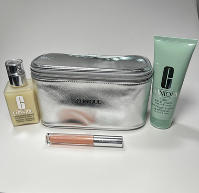 Clinique 7 Day Scrub Lotion+ Lip Gloss Airkiss Pop Full Size Makeup Bag Gift Set