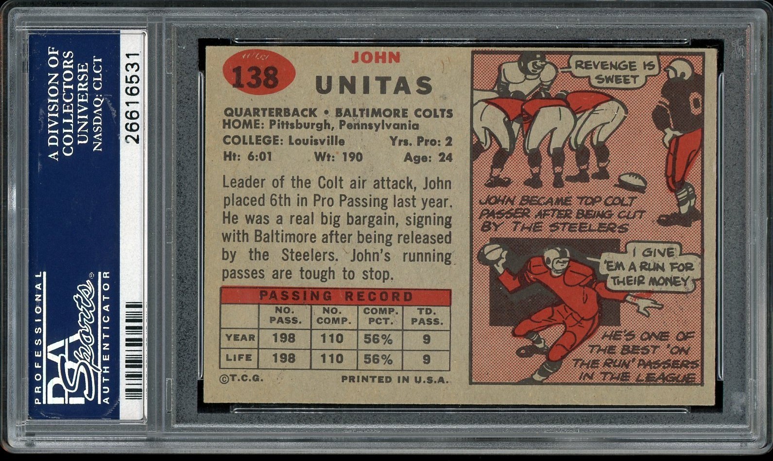 1957 Topps #138 Johnny Unitas Rookie HOF Baltimore Colts PSA 6 EX-MT CENTERED view 2