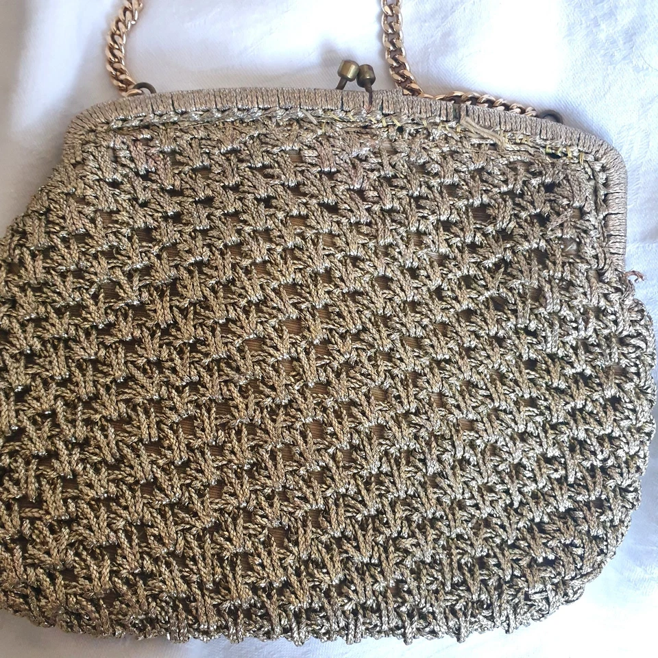 Vtg 60s Old Gold Woven Bag Goldtone Metalware Short Chain Regency Mod - Image 3 of 4