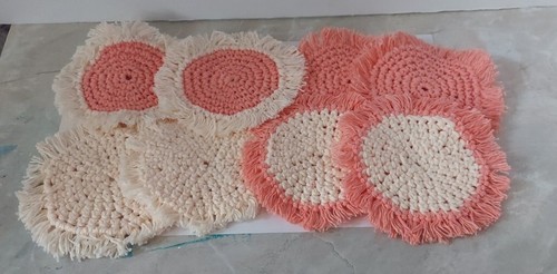 Hand Crocheted Fringed Coasters Cotton Small Round Vtg Set 8 Cream Coral Colors - Picture 1 of 3