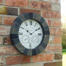 Garden Wall Clock Outdoor Decor Stone Effect Thermometer 35cm Indoor Home Round
