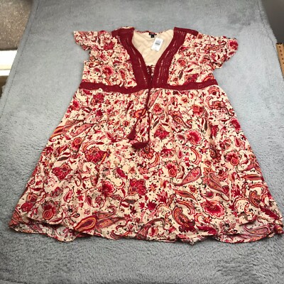 4x skater dress Torrid Mini Gauze Lace-Up Skater Dress Womens 4X Red Paisley V Neck NEW NWT