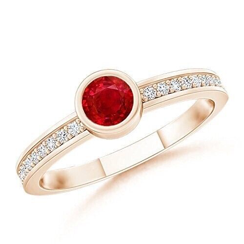 Bezel Round Ruby Simulated Diamond Solitaire Engagement Ring 14k Rose Gold Silvr - Afbeelding 1 van 3