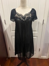 Women Black Short Sleeve Nightgown w/Embroidery Lace Floral Sz XL 38"Lx22"W